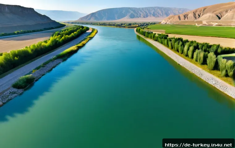 튀르키예 주요 하천 생태계 - Photorealistic wide landscape of the Euphrates River flowing through eastern Türkiye, clear blue-gre...